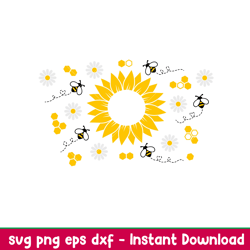 sunflower bees full wrap, sunflower bees full wrap svg, starbucks svg, coffee ring svg, cold cup svg, png,dxf,eps file