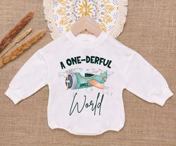 a onederful world baby romper sweatshirt, airplane first birthday romper, 1st birthday bodysuit, onesie, newborn outfit