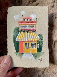 mini cafe artwork original miniature art on handmade recycled paper by rubinova