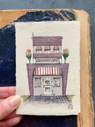 lavender cafe artwork original miniature art on handmade recycled paper by rubinova