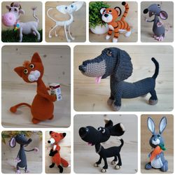 crochet pattern animals 10 in 1 - dog, cat, rat, cow, fox, bunny, tiger, dachshund (amigurumi toys)