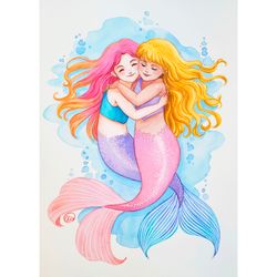 mermaid painting, best friends, sisters, two mermaids, watercolor art 12*8"