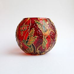 hand-painted red candle holder with hummingbirds and hibiscus flowers