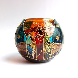 hand-painted biblical nativity scene candle holder for christmas