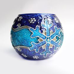 Hand-painted Snowflake Candle Holder In Blue And Turquoise Tones