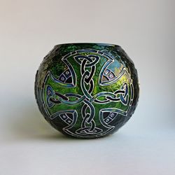 large green hand-painted candle holder with celtic cross design