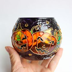 hand-painted purple glass candle holder with orange pumpkins