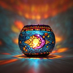 Blue Sun & Moon Hand-painted Candle Holder - Unique Gift