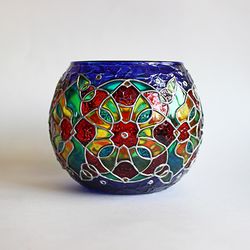 handcrafted dark blue kaleidoscope mosaic glass candle holder