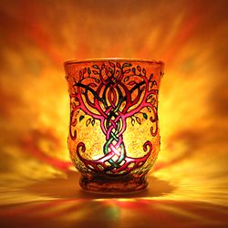 amber-yellow celtic tree of life hand-painted glass candle holder