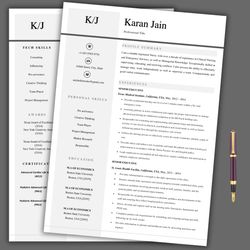 2page resume template with matching cover letter for any job description