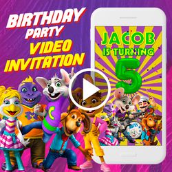 chuck e cheese birthday party video invitation, pizza animated invite video, arcade games digital custom invite