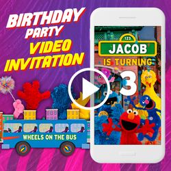 wheels on the bus birthday party video invitation, grover's bus animated invite, sesame street digital custom invite