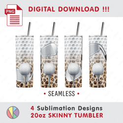 4 golf leopard print designs - seamless sublimation templates - 20 oz skinny tumbler - full tumbler wrap.