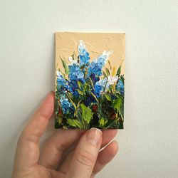 blue flowers miniature original oil aceo painting impasto floral artwork