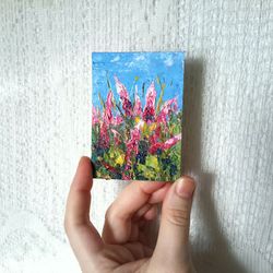 pink flowers miniature original oil aceo painting impasto floral artwork