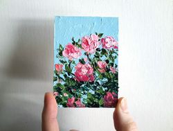 pink roses miniature original oil aceo painting impasto floral artwork