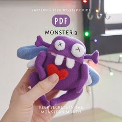 digital download - pdf stuffed monster 3 toy sewing pattern. diy toy tutorial.