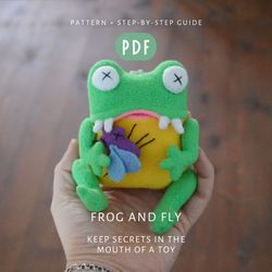 digital download - pdf of "frog with a fly" toy sewing pattern. diy tutorial for making your own toy.