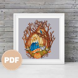 over the garden wall - cross stitch pattern with cat and bird