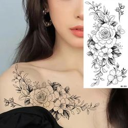 large black flower pattern fake tattoo sticker for women - dot rose & peony temporary diy water transfer tattoos