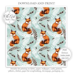 cute fox. leaves. seamless pattern for graphic design, digital download, scrapbooking and crafting projects