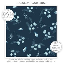 blue leaves. winter leaves. seamless pattern for graphic design, digital download, scrapbooking and crafting projects