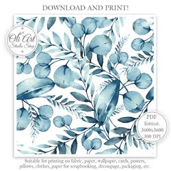 blue leaves. winter leaves. seamless pattern for graphic design, digital download, scrapbooking and crafting projects