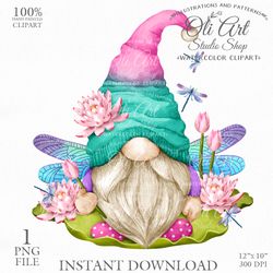dragonfly gnome clip art. water lily. gnome images. gnome png. gnomes graphics. gnome digital download