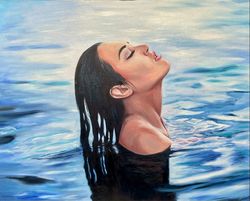 original erotic oil painting on canvas, nude woman sea, 40x50 cm