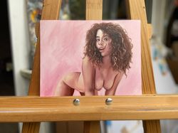 original oil painting on paper, curly woman on pink background