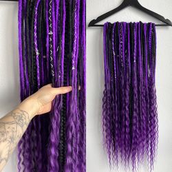 black and purple synthetic double ended dreadlocks with curly ends, ready to ship