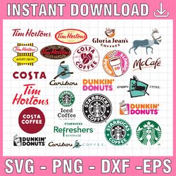 logo brand bundle svg starbucks svg, dunkin' donuts svg, mccafe svg, tim hortons svg, gloria jean's carion coffee svg