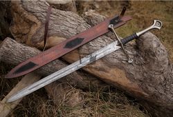 custom handmade damascus steel anduril sword of narsil with leather sheath, lotr sword, birthday gift, christmas gift