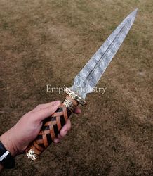 15'' handmade damascus steel double edge hunting dagger, fixed blade with sheath