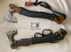 set of 2 custom handmade high carbon steel viking valhalla axe with sheath - hunting axe by empire industry