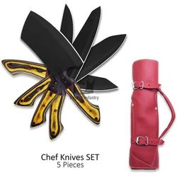 5 pieces handmade d2 steel chef knives set with leather roll, kitchen knives set - outdoor/indoor kitchen tools