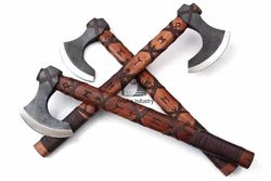 set of 3 handmade high carbon steel ragnar viking valhalla axe with sheath - viking hatchet by empire industry