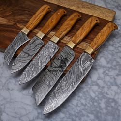 handmade damascus steel full tang kitchen knives set chef knives set camping tools outdoor hunting with leather roll