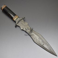 handmade damascus steel hunting dagger with leather sheath fixed blade camping knife hunting bowie