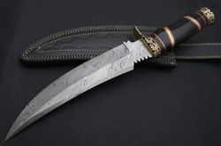 handmade damascus steel hunting bowie knife with leather sheath fixed blade camping knife hunting bowie survival knife