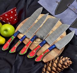 forged damascus steel full tang kitchen knives set chef knives set camping tools outdoor hunting with leather roll