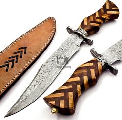 handmade damascus steel cross hunting bowie knife with sheath fixed blade camping knife hunting bowie survival knife