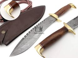 handmade damascus steel wood hunting bowie knife with sheath fixed blade camping knife hunting bowie survival knife