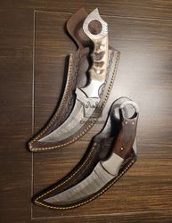 set of 2 handmade damascus steel full tang hunting karambit knives with sheath fixed blade gift survival knife