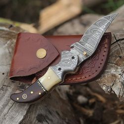 handmade damascus steel folding knife pocket camping knife with sheath rose wood handle survival knife medieval sword