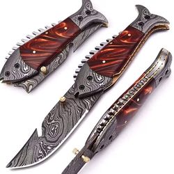 resin handle damascus steel fish style folding knife pocket camping knife with sheath survival knife medieval sword