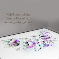 peonies tattoo design fine line peony flower tattoo drawing idea, instant download jpg, png