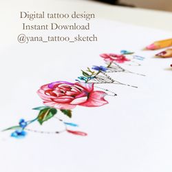 Flower Bracelet Tattoo Design On Wrist Floral Bracelet Tattoo Idea Drawing Sketch. Instant download JPG, PNG
