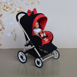 miniature toy stroller for dolls in 1/6 scale. accessories for small dolls and poupins. pram for barbie doll.